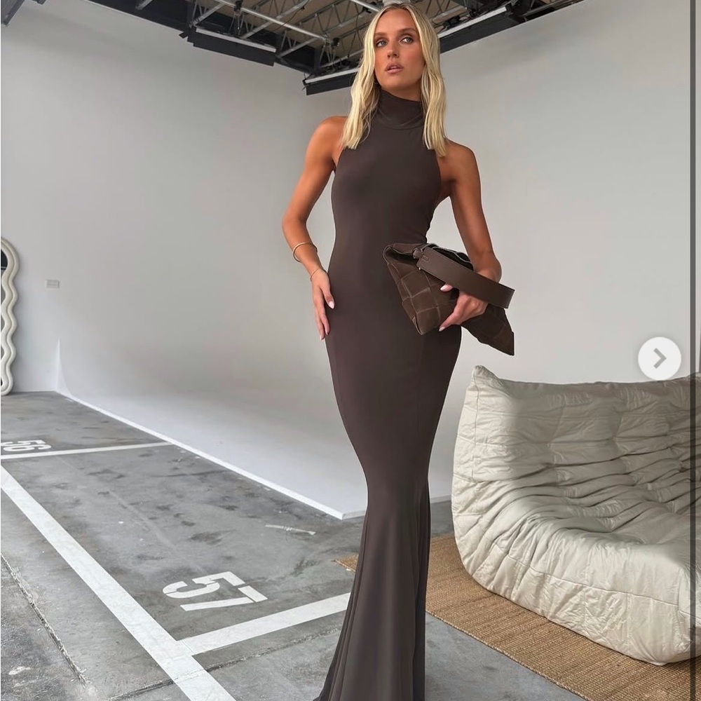 NORMA KAMALI Halter Turtleneck Fishtail Gown